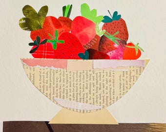 Strawberry, original print, kitchen art, recycled art, collage art, fruit, handmade, mixed media, kitchen decor, farmhouse