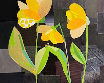 Flower, original print, paper flower, recycled art, collage art, handmade, mixed media, garden, black, yellow flower