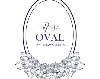 Handgezeichnete ovale Rosen-Cliparts, botanische Vintage-Blumenvektorgrafik, Linienkunst-Hochzeits-SVG, eleganter Rahmen für Save-the-Date-Einladungen und Branding