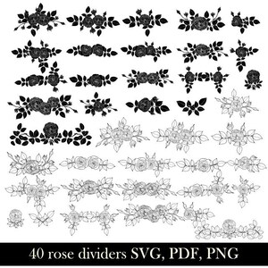 Può includere: Una collezione di 40 divisori a rosa in bianco e nero, con varie composizioni floreali con boccioli di rosa, gemme e foglie. Il set include sia sagome nere piene che disegni al tratto dettagliati, etichettati 40 rose dividers SVG, PDF, PNG.