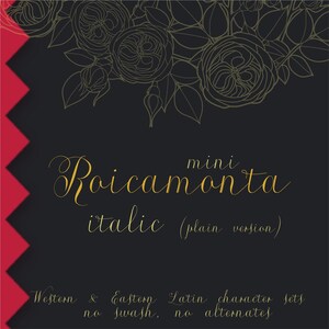 K&ouml;nnte beinhalten: Eine schwarze Grafik mit goldenen Linienzeichnungen von Rosen oben und dem goldenen Text Roicamonta mini italic (plain version) in der Mitte. Unten steht der goldene Text Western & Eastern Latin character sets no swash, no alternates.