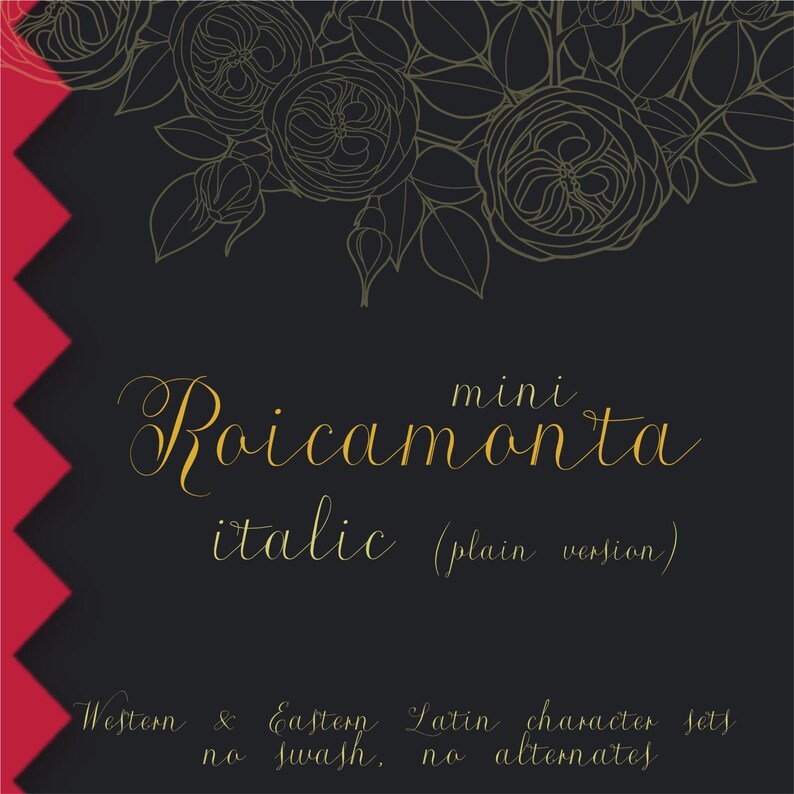 K&ouml;nnte beinhalten: Eine schwarze Grafik mit goldenen Linienzeichnungen von Rosen oben und dem goldenen Text Roicamonta mini italic (plain version) in der Mitte. Unten steht der goldene Text Western & Eastern Latin character sets no swash, no alternates.