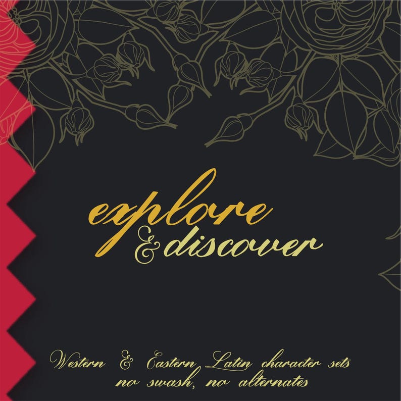 May include: A black graphic design featuring gold line art of roses and buds at the top. The text "explore & discover" is written in gold script in the center. Below, the text "Western & Eastern Latin character sets no swash, no alternates" appears in gold.
