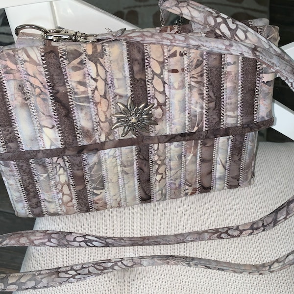 Cross Body Bag Handmade Quilted Fashion Forward Taupe Batiks Hands Free Great for Travel, Shopping...Take Everywhere!