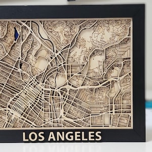 Los Angeles 9"x11" Custom 3D Map on wood, laser cut/engraved, 5 layers