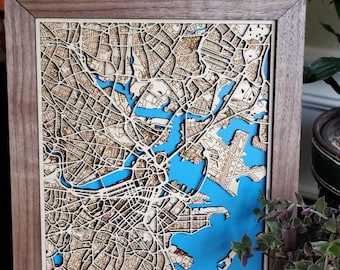 Boston 3D Map on wood, laser cut/engraved, 9"x11", 5 layers