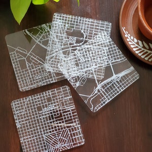 Custom city map acrylic coasters, set of 4. Any map of your choice