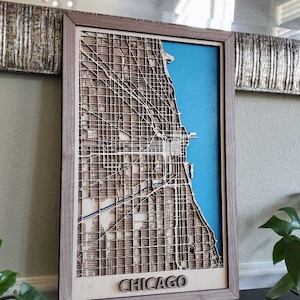Chicago 3D Map on wood, laser cut/engraved, 5 layers, 11&quot;x17&quot;