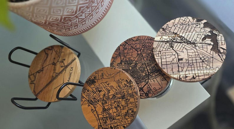 Round Map Coaster Personalized City Map Wooden Coasters, Set of 4. Any Map of Your Choice ...
