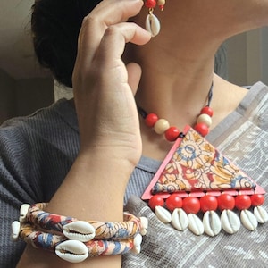 Handmade Wooden and Fabric jewelry, laser-cut earrings, necklace, Triangular Pendants, and Bangles with Cowrie shells/Bells