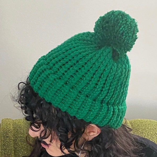 Mike Nesmith Inspired Knit Hat, The Monkees, Green Knit Hat With Pom Pom, Loom Knit Hat, Beanies For Men, Beanies For Women