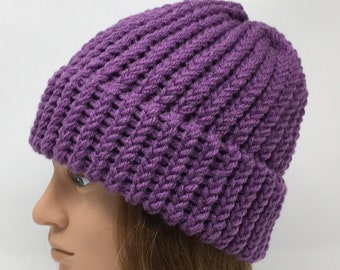 Purple Knit Hat, Purple Beanie, Winter Hat, Warm Hat, Loom Knit Hat, Knit Cap, Beanies For Men, Beanies For Women, Acrylic Knit Hat