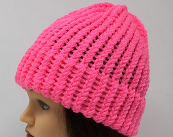 Bright Pink Knit Hat, Pink Beanie, Winter Hat, Warm Hat, Pink Knit Cap, Loom Knit Hat, Beanies For Women, Acrylic Knit Hat