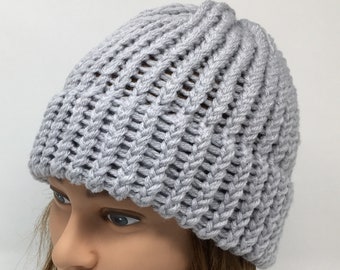 Gray Knit Hat, Gray Beanie, Warm Hat, Winter Hat, Loom Knit Hat, Knit Cap, Beanies For Men, Beanies For Women, Acrylic Knit Hat