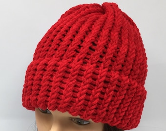 Red Knit Hat, Red Beanie, Red Knit Cap, Loom Knit Hat, Warm Hat, Winter Hat, Beanies For Men, Beanies For Women, Acrylic Knit Hat