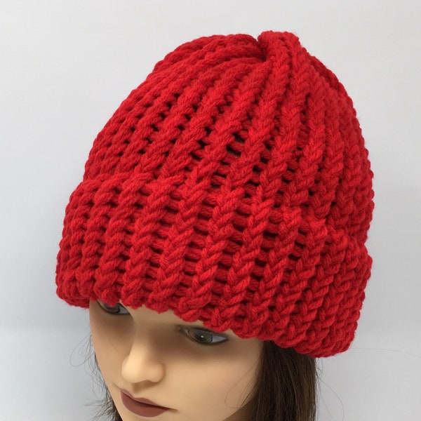 Red Knit Hat, Red Beanie, Red Knit Cap, Loom Knit Hat, Warm Hat, Winter Hat, Beanies For Men, Beanies For Women, Acrylic Knit Hat