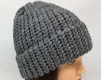 Gray Knit Hat, Heather Gray Beanie, Winter Hat, Loom Knit Hat, Warm Hat, Beanies For Men, Beanies For Women, Acrylic Knit Hat