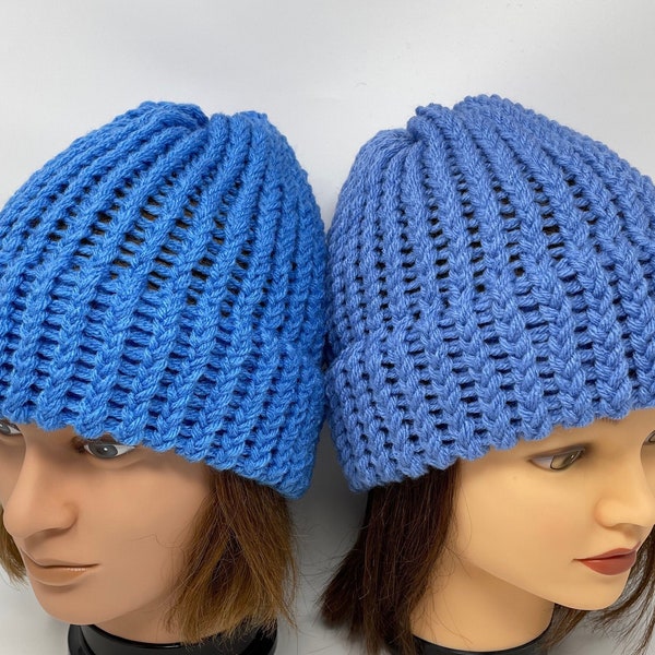 Blue Knit Hat, Blue Beanie, Delft Blue Knit Hat, Periwinkle Blue Knit Hat, Loom Knit Hat, Beanies For Men, Beanies For Women, Acrylic Knit