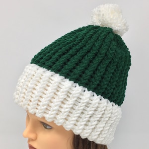 Loom Knit Hunter Green Beanie with White Pom