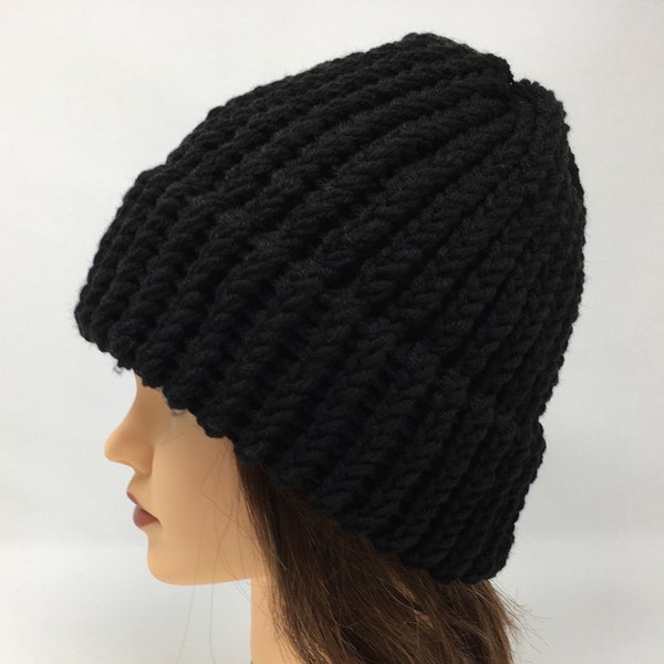 Black Knit Hat, Black Beanie, Winter Hat, Warm Hat, Loom Knit Hat, Black Hat, Knit Cap, Beanies For Men, Beanies For Women, Acrylic Knit Hat