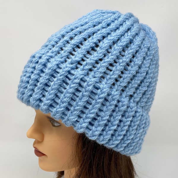 Light Blue Knit Hat, Light Blue Beanie, Warm Hat, Winter Hat, Knit Hat, Loom Knit Hat, Beanies For Women, Beanies For Men, Acrylic Knit Hat