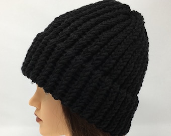 Black Knit Hat, Black Beanie, Winter Hat, Warm Hat, Loom Knit Hat, Black Hat, Knit Cap, Beanies For Men, Beanies For Women, Acrylic Knit Hat