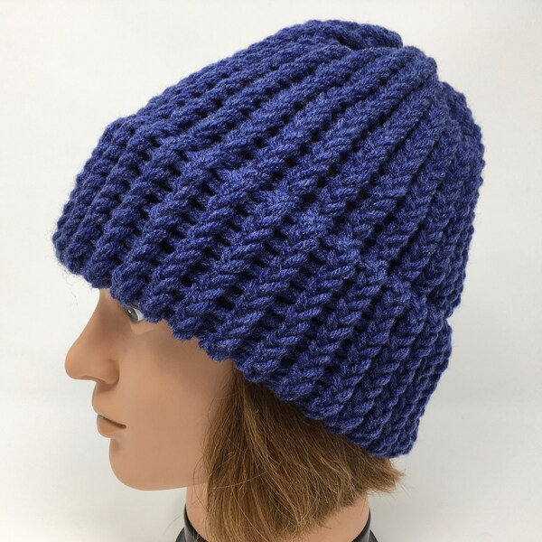 Denim Blue Knit Hat, Denim Blue Beanie, Winter Hat, Knit Hat, Loom Knit Hat, Warm Hat, Beanies For Men, Beanies For Women, Acrylic Knit Hat