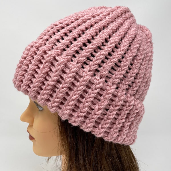 Blush Pink Knit Hat, Pink Beanie, Warm Winter Hat, Loom Knit Hat, Pink Hat, Beanies For Women, Acrylic Knit Hat