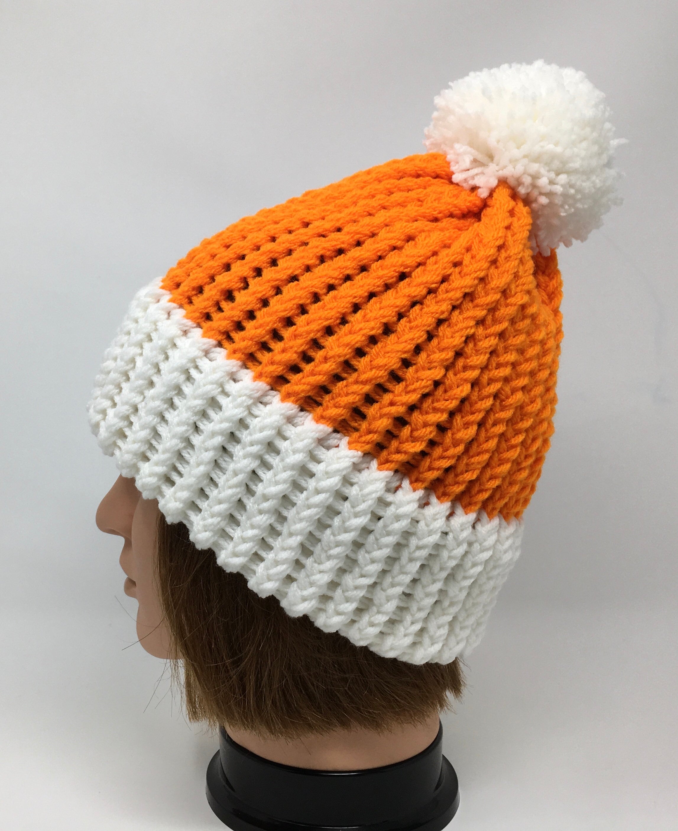 Damson Madder Striped Knit Beanie with Pom Pom - Orange and Tan Sale* Big Sky Striped Beanie w/Pom Pom - Stone - Treeland  main image 3