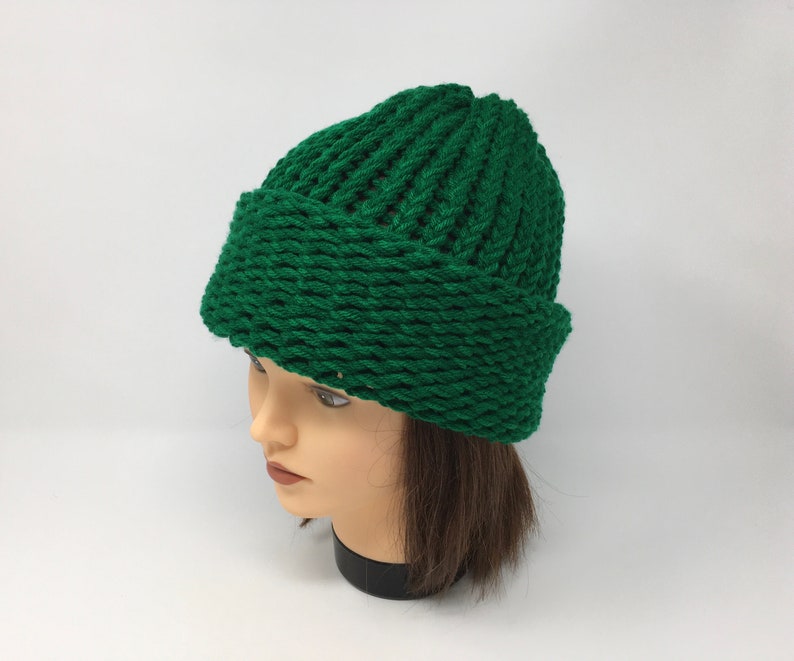 Kelly Green Rolled Brim Hat Loom Knit Hat Green Knit Hat Etsy