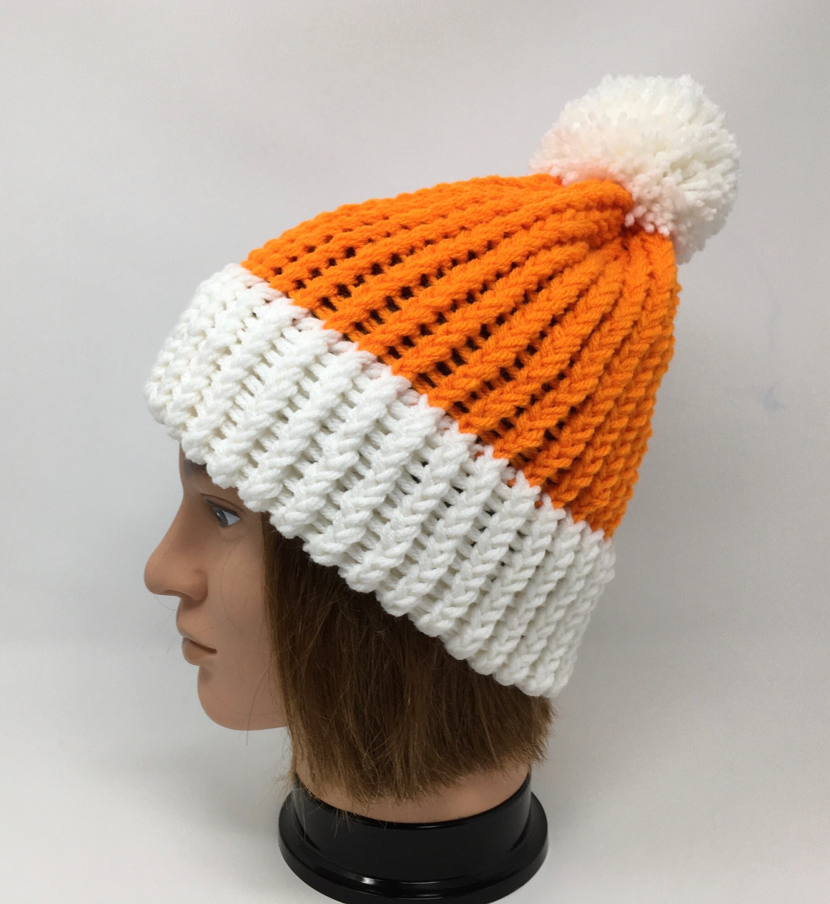 Orange & White Knit Pom Pom Beanie: Loom Knitted Winter Hat for