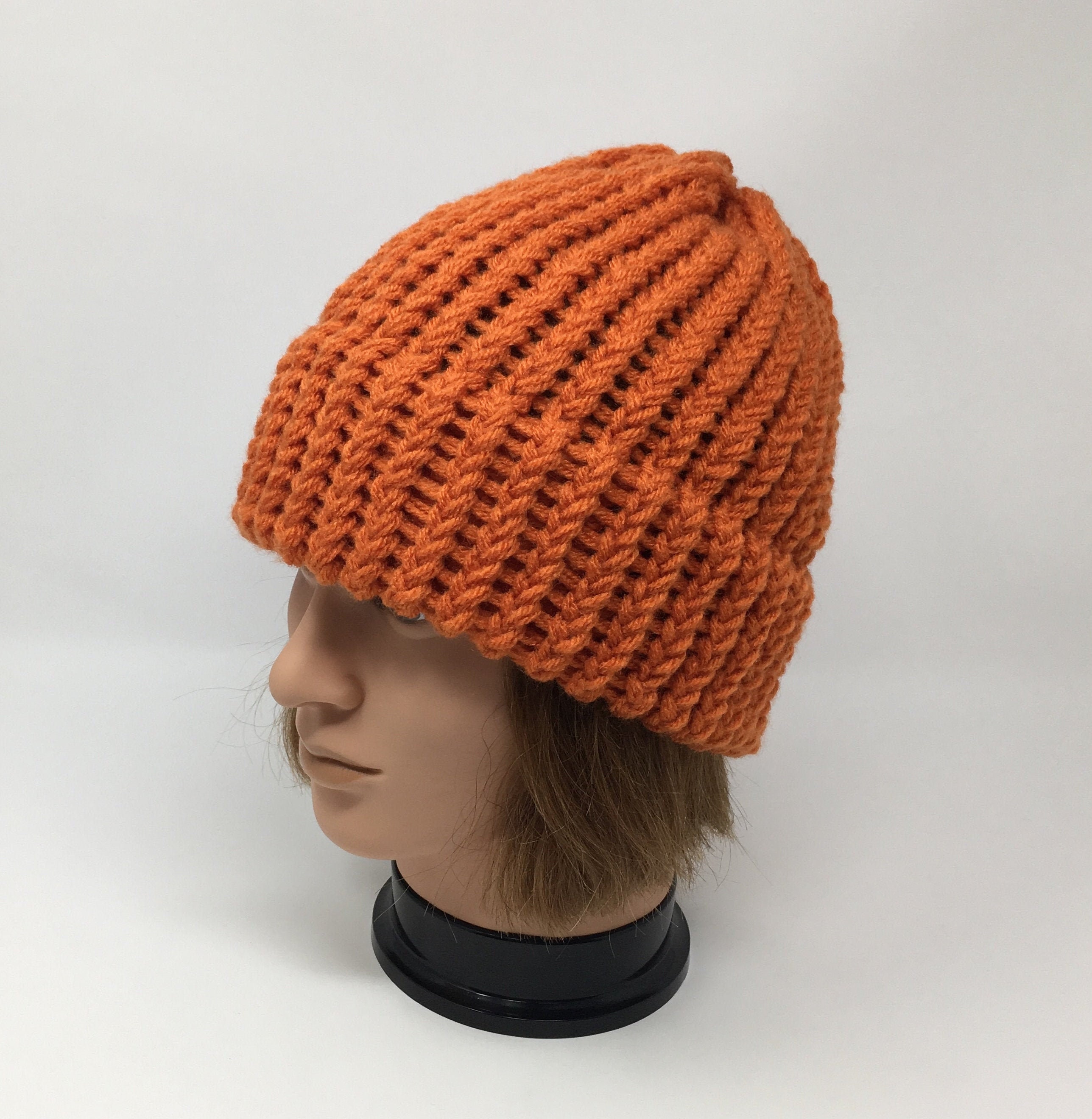 Vintage Deep Orange 100% Acrylic Made in Japan Knit Beanie Puff Top One Size Stretch Cuff Beanie- Burnt Orange – Pladra main image 3