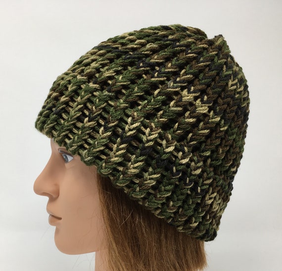 Camo Knit Hat, Handmade Loom Knitted Acrylic Beanie, Warm Winter Hat For Men, Women, Teens And Tweens, Green Camo Beanie