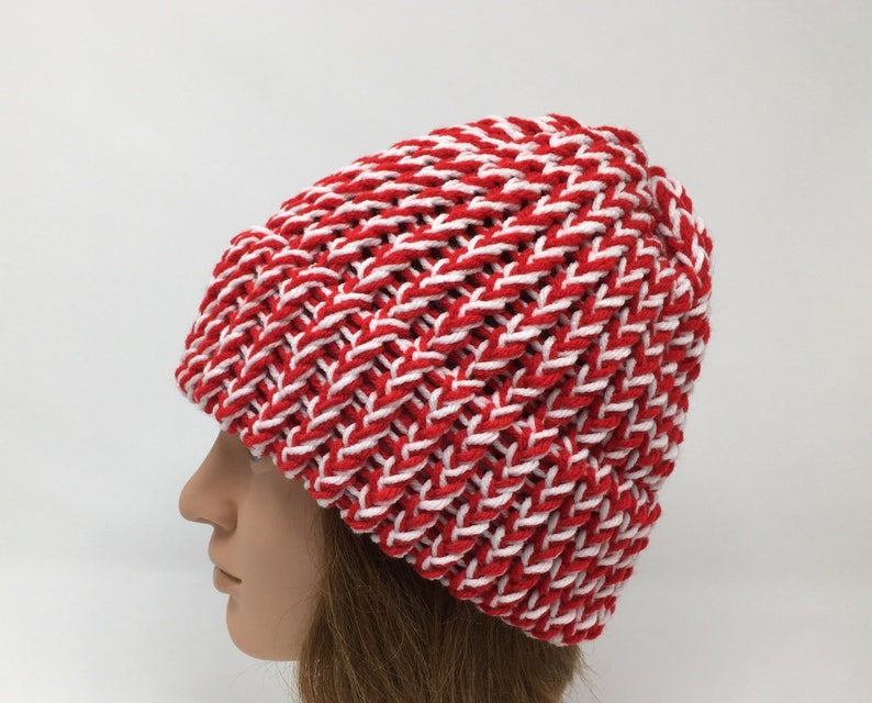 red and white knit hat