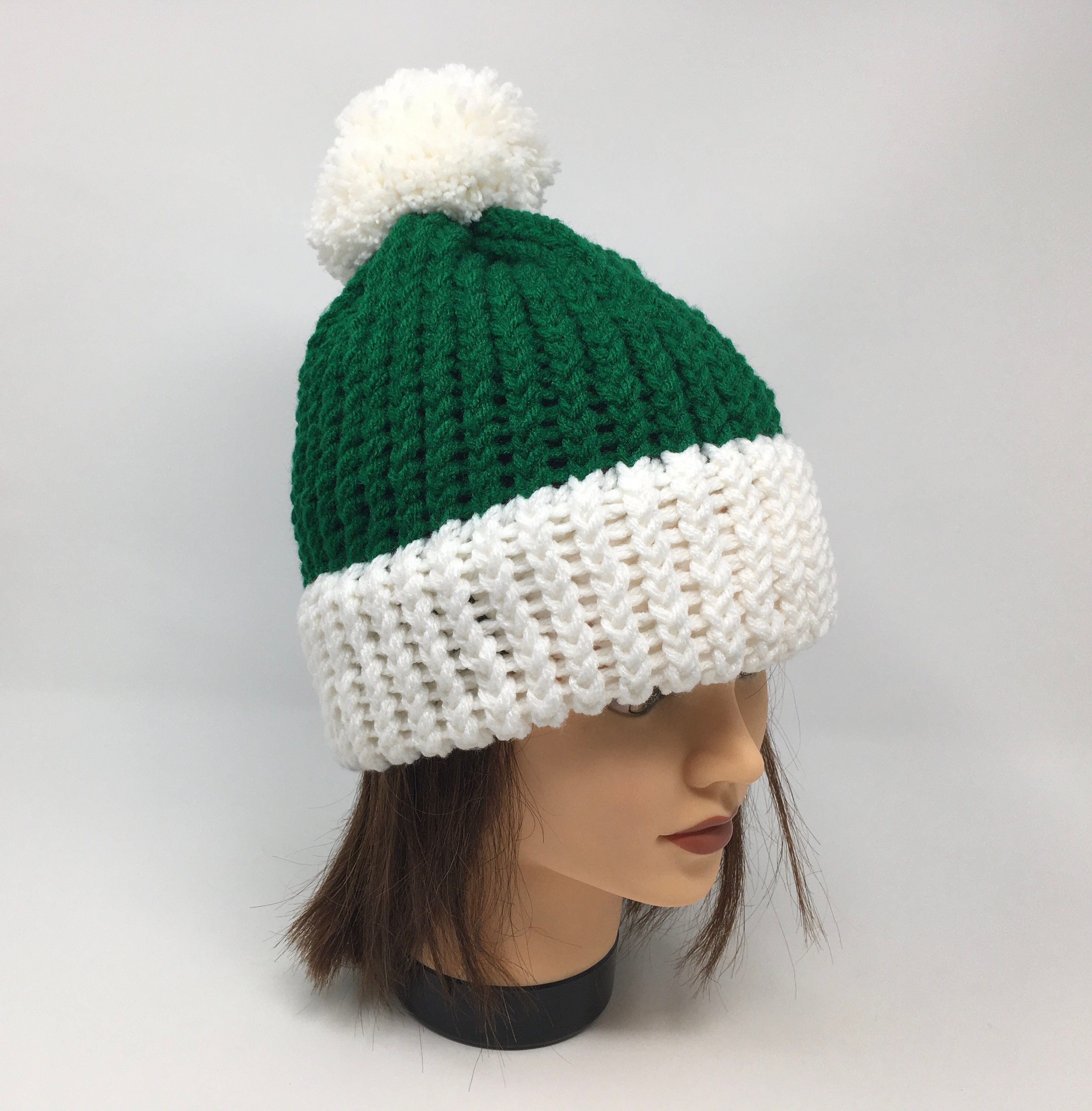 Green And White Knit Hat Green Knit Hat Green Beanie Winter Etsy