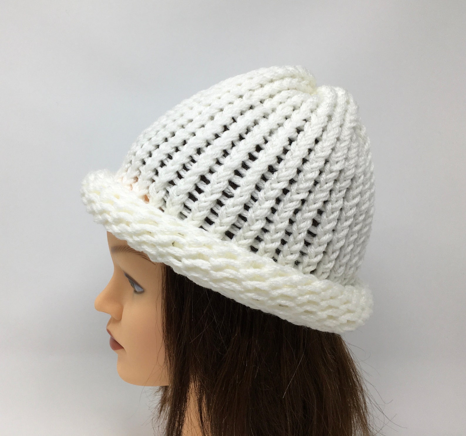 White Rolled Brim Hat Loom Knitted Hat Winter Hat Warm Hat Etsy