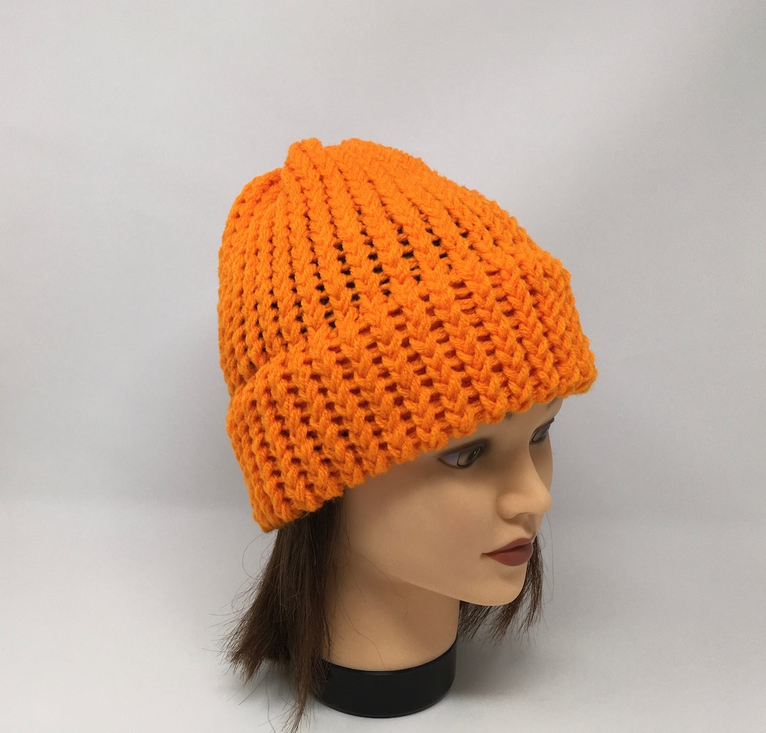 Orange Knit Hat, Bright Orange Beanie, Winter Hat, Loom Knit Hat, Warm