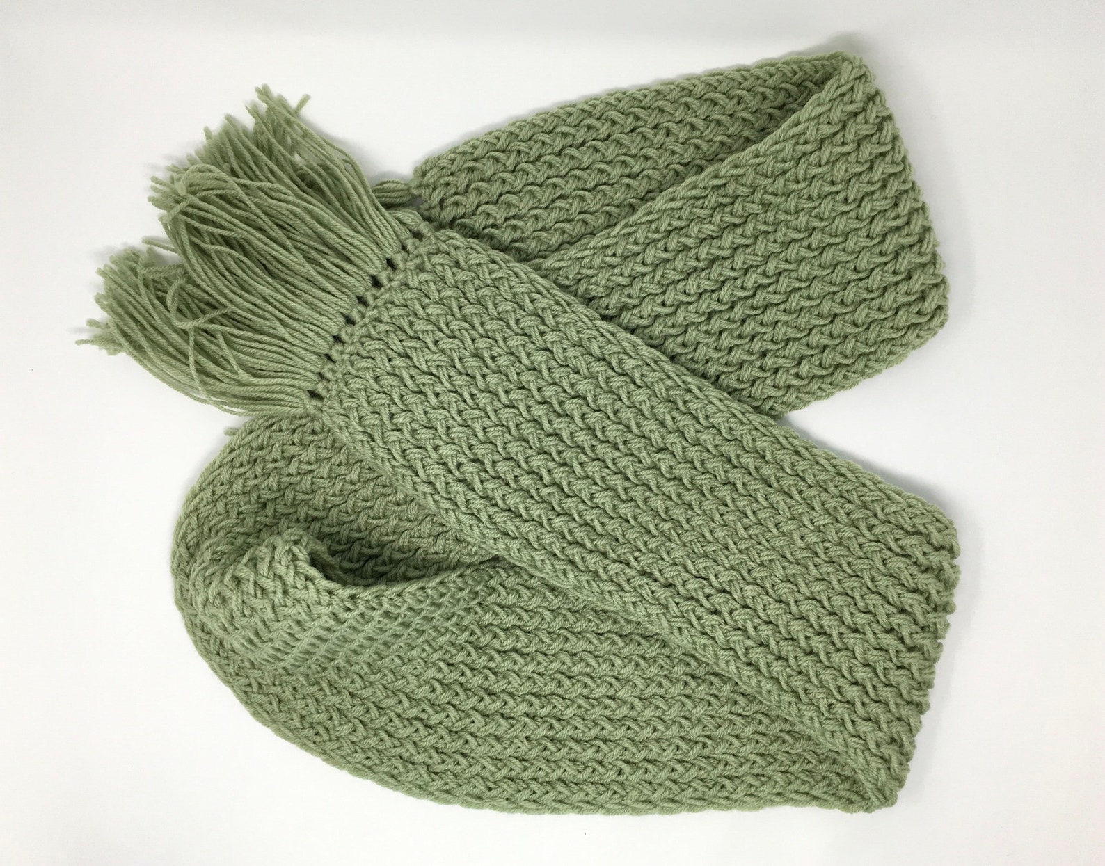 Sage Green Knit Scarf With Or Without Fringe Warm Winter Etsy