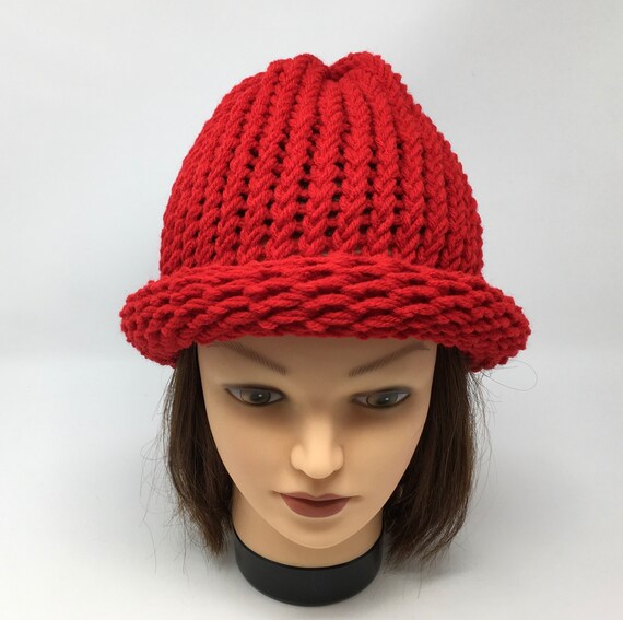 Red Rolled Brim Hat Loom Knit Hat Red Knit Hat Rolled Brim Etsy