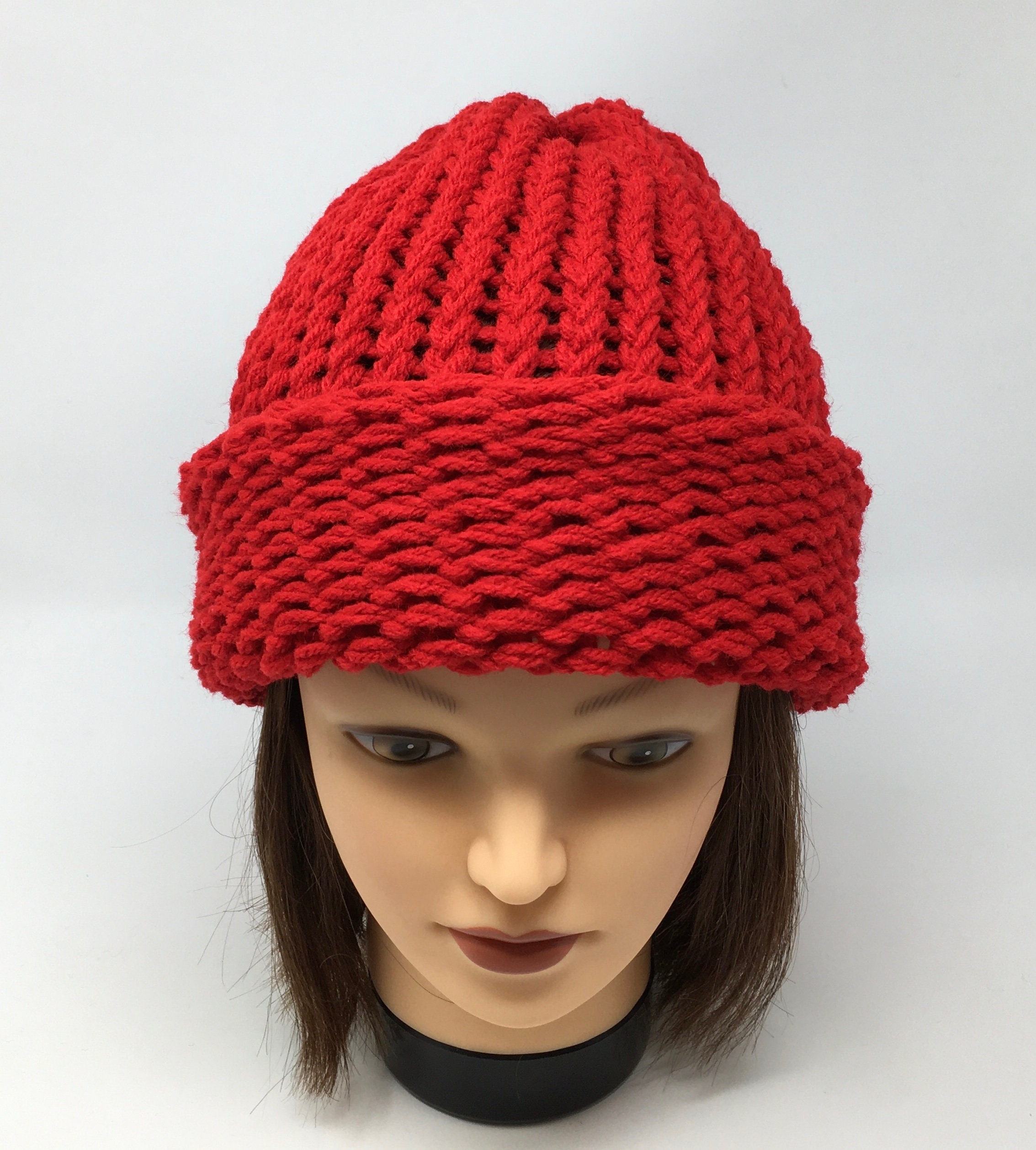 Red Rolled Brim Hat Loom Knit Hat Red Knit Hat Rolled Brim Etsy