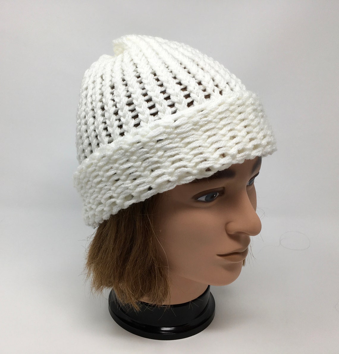 White Rolled Brim Hat Adjustable Rolled Brim Hat Loom Knit Etsy