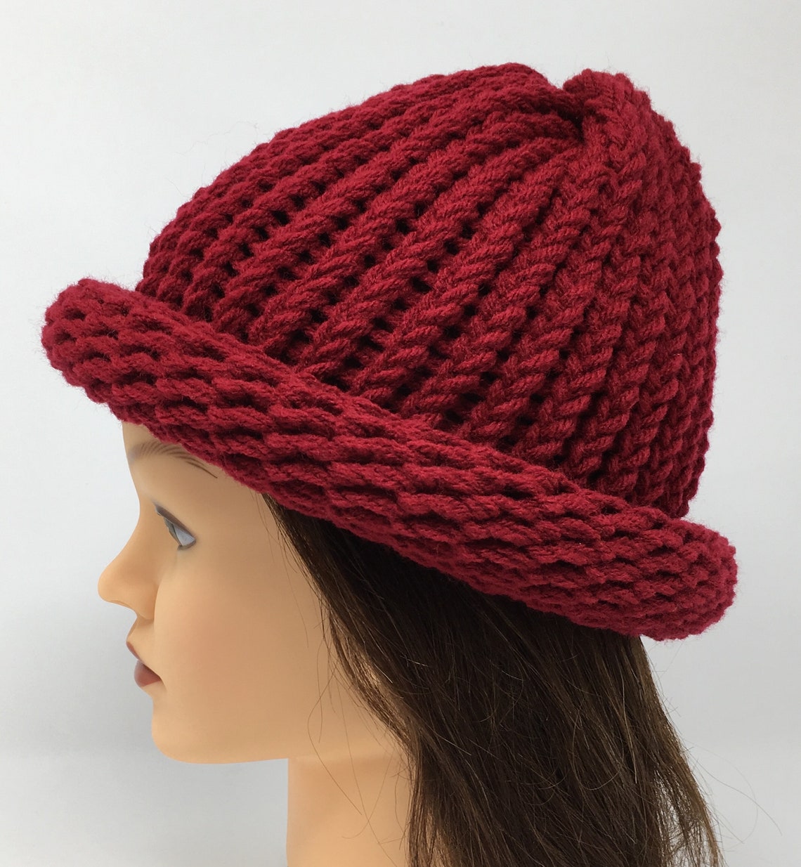 Burgundy Rolled Brim Hat Loom Knit Hat Burgundy Knit Hat Etsy