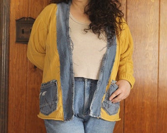 Denim Sweater - Upcycled Denim Fashion - Patch Cardigan - Recycled Denim Gifts - Unique Cardigan - Interesting Sweater- Sweater With Denim