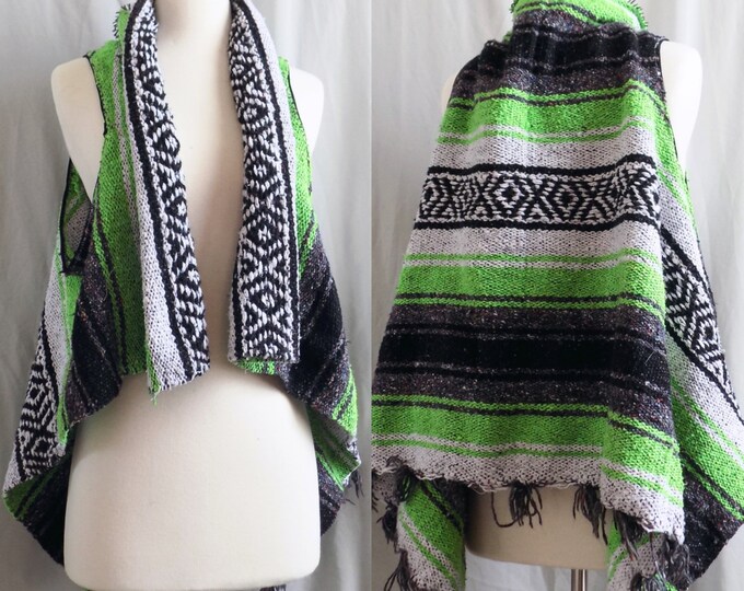 Green Fringe Vest Mexican Blanket Vest One Size Fits All Green Black