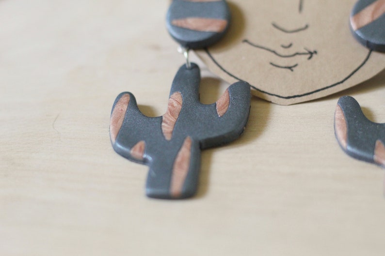Southwestern Earrings Mothers Day Gift Big Boho Earrings Gray Statement Earrings Clay Cactus Earrings Boho Statement Earrings