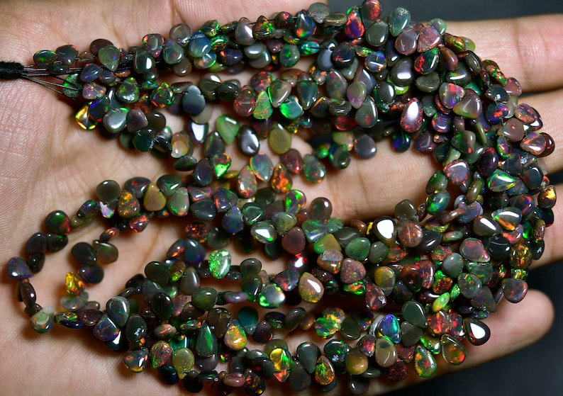 AAA-Flashy Black Ethiopian Welo Opal Smooth Pear Briolettes-8 inches Strand-Stones measure-6x4.50-7x5mm-B3545
