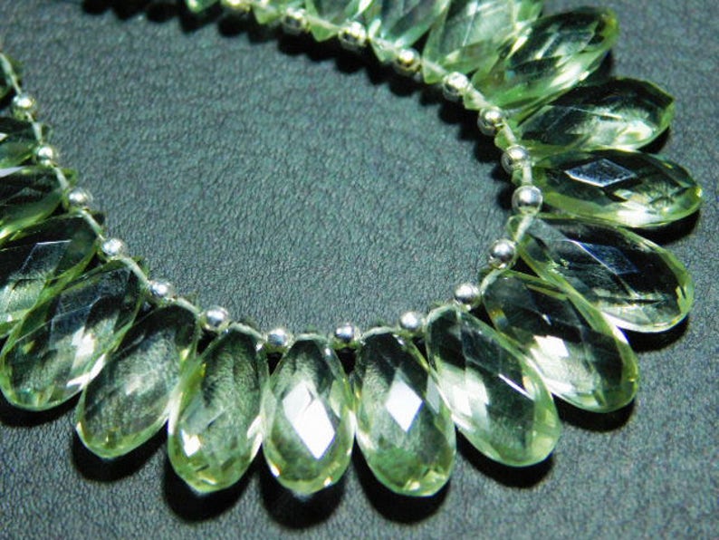 15x7mm. 3 Matching Pair-Green Amethyst Faceted Flat Pear Teardrop Briolette-Stones measure