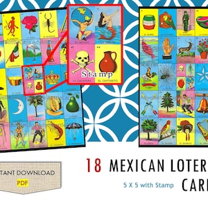 18 Loteria Cards - 5 X 5 with Stamp - TWO SIZES - Digital Download - Cartas - Mexican Bingo Tablas Juego - You print - Digital File PDF