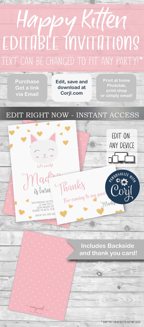 Cat Invitation and Thank you Card, Cat birthday Party, Kitten invitation, pink invitation, invitation for girl, girl invitation Il_570xn