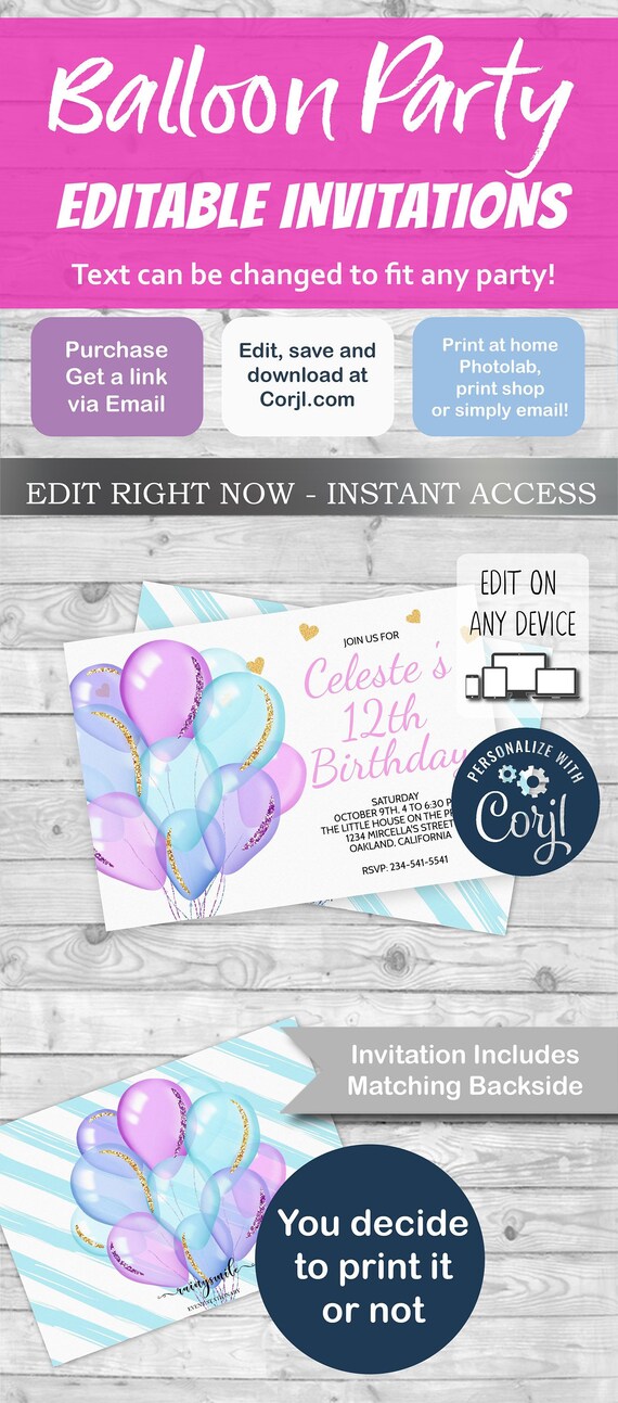 Balloons invitation, Balloon invitation, Balloon party, Printable Invitation, Balloon birthday Invitation, Birthday Girl invitation, invite Il_570xn